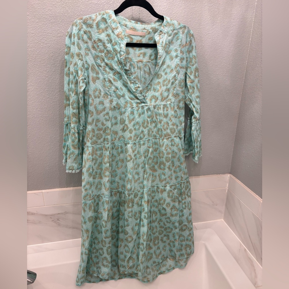Elegant Aqua Leopard Print Long Sleeve Dress